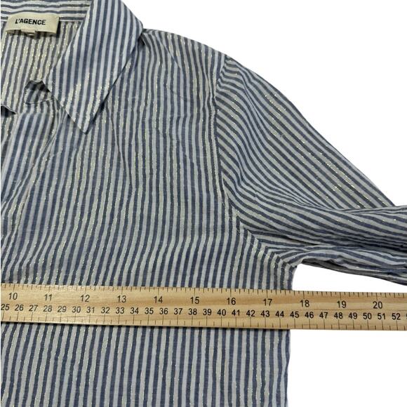 L'AGENCE Laurent Metallic‎ Button Up Blouse Ivory Blue Gold Stripes Womens Sz XS - Picture 7 of 13